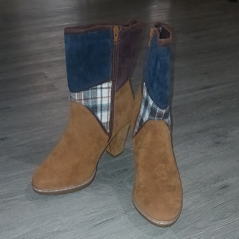 Muk Luks Nola brown suede vegan boho patchwork heeled boots Sz 10 NWOT